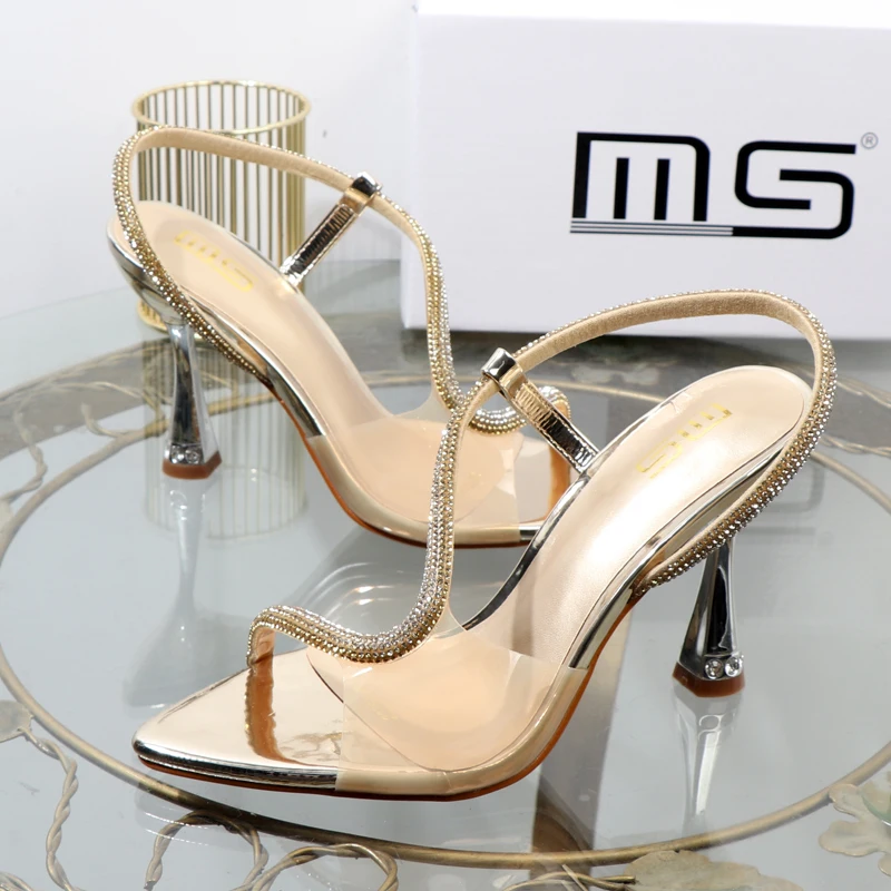 elegant woman heeled shoes sandals in autumn 2023 pointed rhinestones with stiletto heels transparent belts to wear women shoes