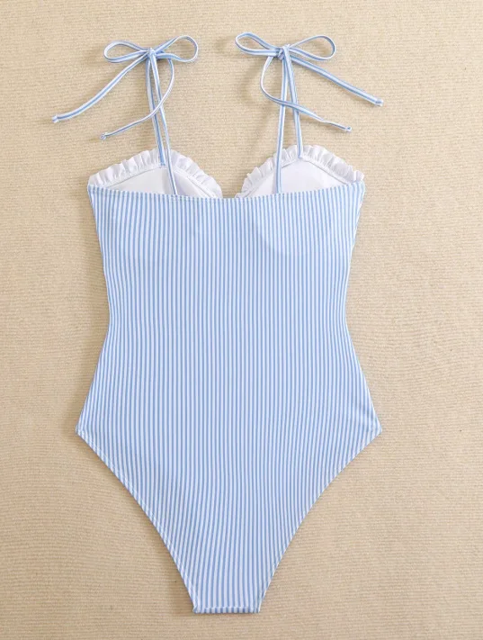 Traje de baño Sexy a rayas con volantes y tiras para mujer, traje de baño de una pieza, Monokini femenino, bañador acolchado, ropa deportiva para nadar