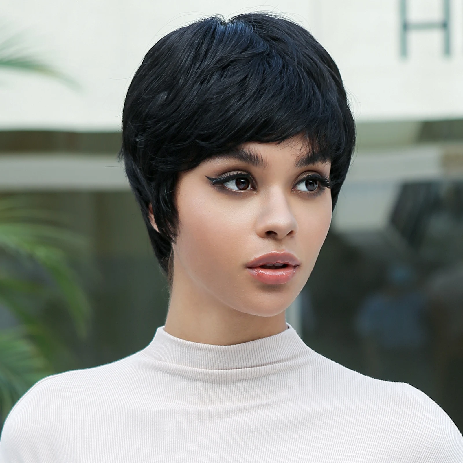 Echthaar Perücke mit Pony schwarz kurz gerade Pixie Cut Haare Remy Echthaar Maschine Perücke für Afro Frauen Perücke leimlos gemacht