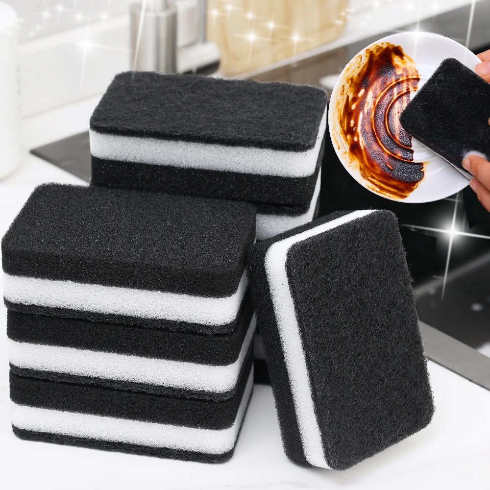 Thickened Double-sided Dishwashing Sponge Black Sandwiched White Stain Removal Scouring Cloth Cleaning of Pots Bowls Sinks Rag