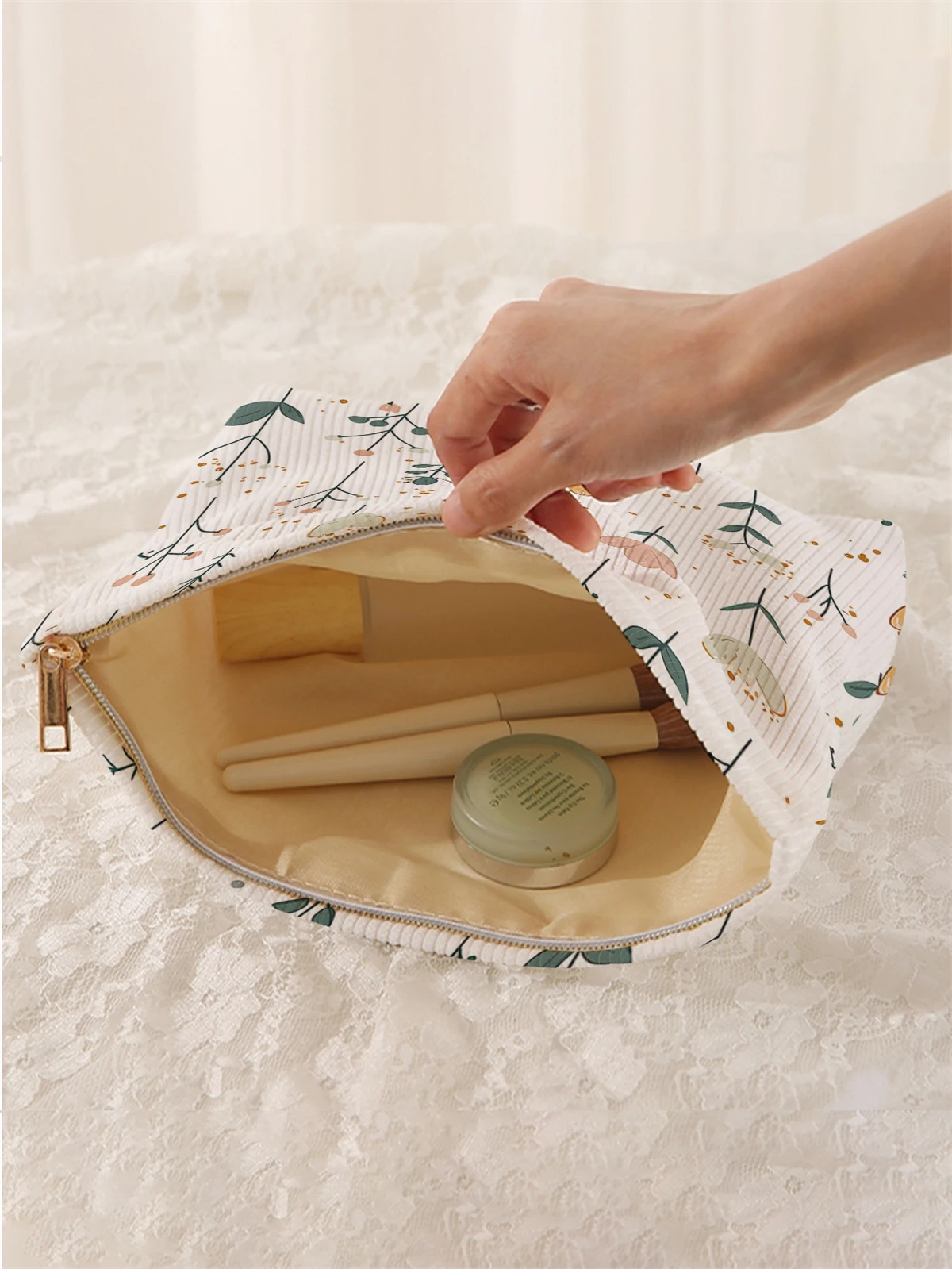 กระเป๋าแต่งหน้าผ้าลูกฟูกพิมพ์ลายดอกไม้ 1 ชิ้น, กล่องเก็บเครื่องสำอางแบบมีซิปน้ำหนักเบา, กระเป๋าอเนกประสงค์พร้อมซับใน