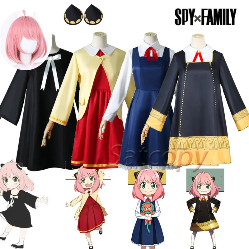 Anime SPY FAMILY Cosplay Costumes Anya Forger Uniform Headwear Experiment 007 Dress For Girls Women Full Set Wig PA6388