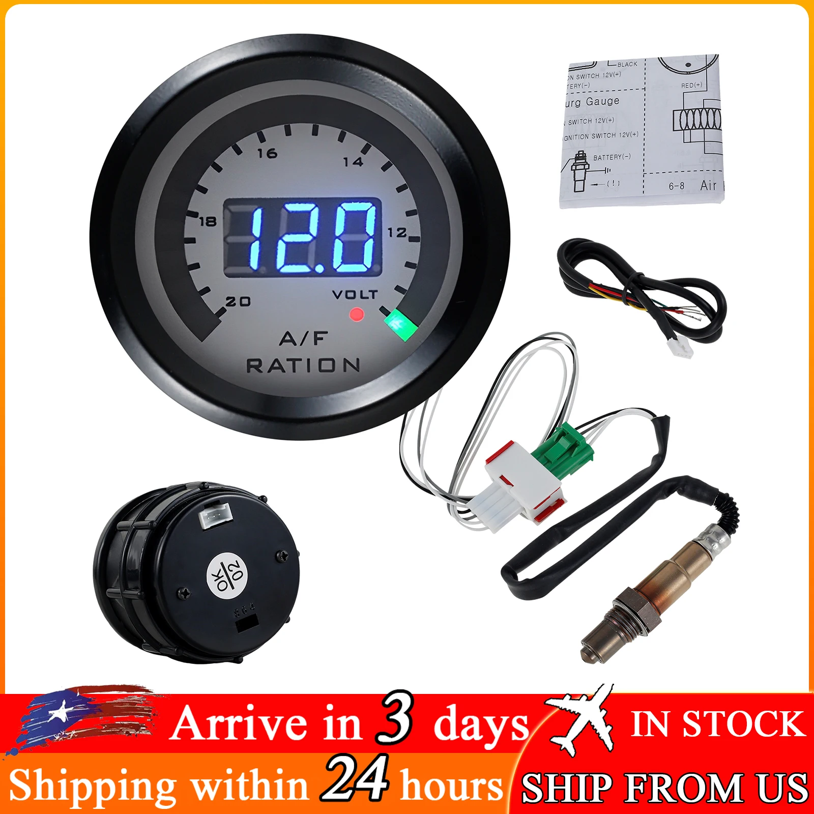 Air Fuel Ratio Gauge 52mm/2inch 12V Precise AFR Gauge Kit with O2 Oxygen Sensor Digital Car Volmeter Durable LED Vehicle Air