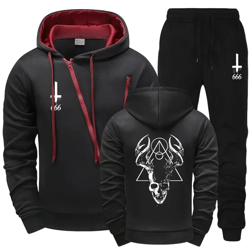 Urban Streetwear Fall Winter Riding Outfit Motorcycle Mens Satan Print Tracksuit 2026 Diagonal Zipper Design Hoodie with Joggers