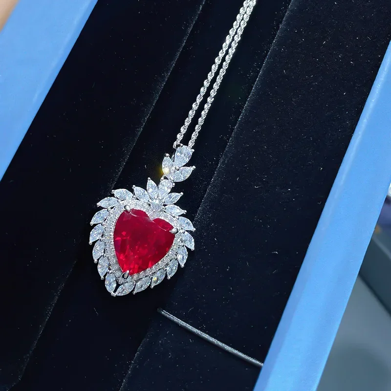 Desire 1 Dove Blood Ruby Heart Necklace 925 Sterling Silver Luxury Inlaid European and American  X096