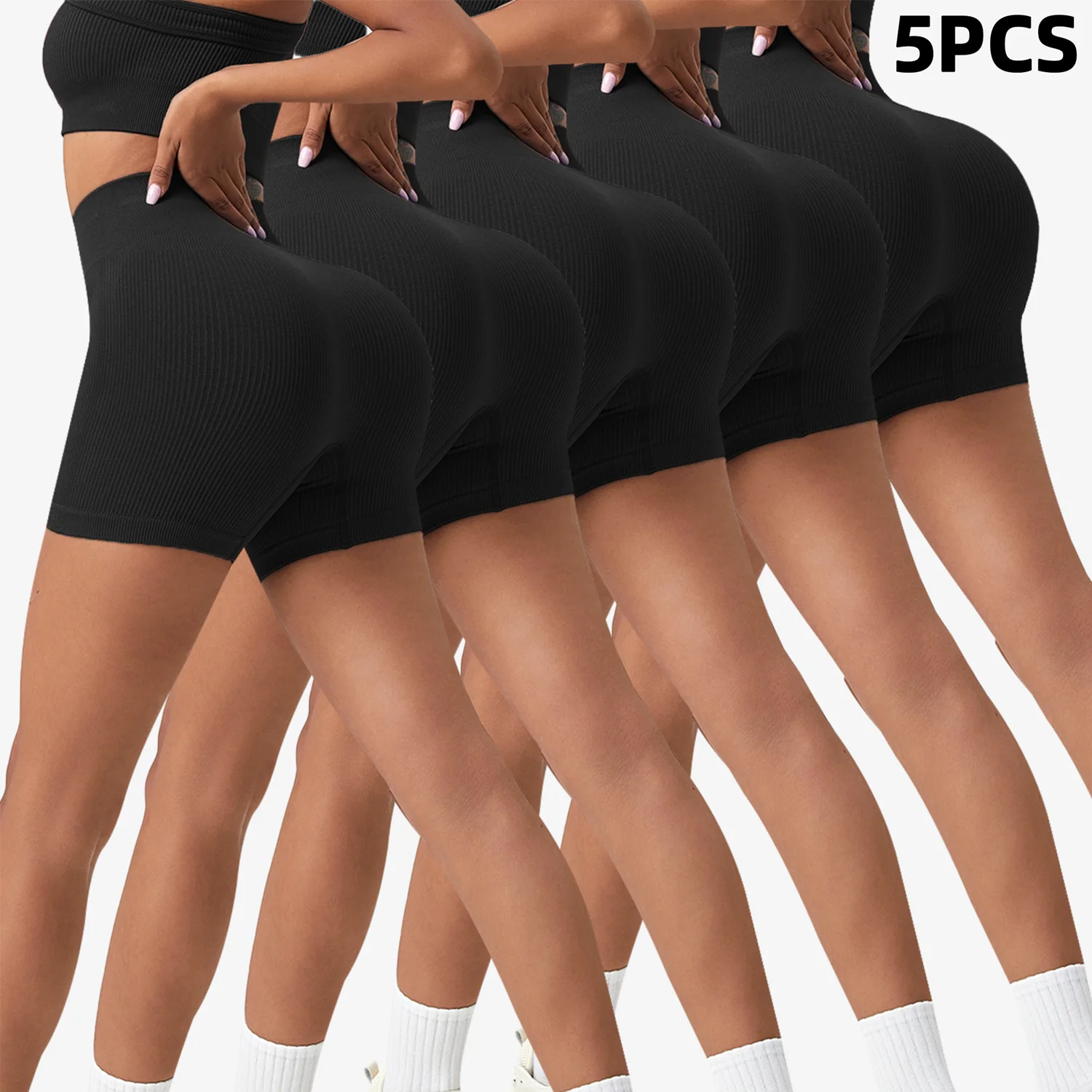 

5PCS High Waist Lift Hip Ribbed Stretch Seamless Leggings Solid Color Fitness Sports Running Yoga Pants Casual Elastic Knitting