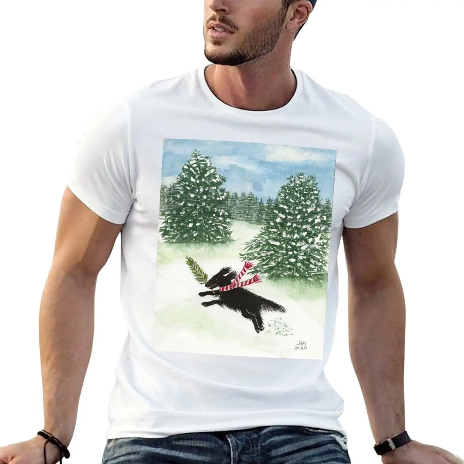 Flat-Coated Retriever Puppy First Christmas Snow T-Shirt Casual Everyday Wear T-Shirt