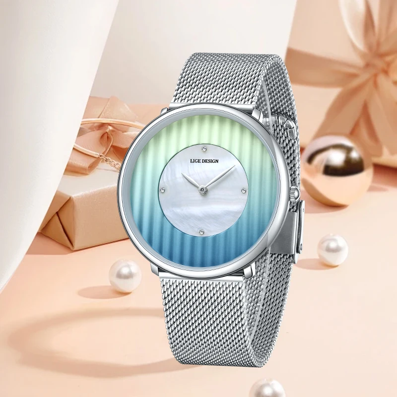 New Fashionable Women Watch LIGE Top Brand Luxury Original Quartz Classic Stainless Steel Mesh Belt Ladies Dress Watches for Man