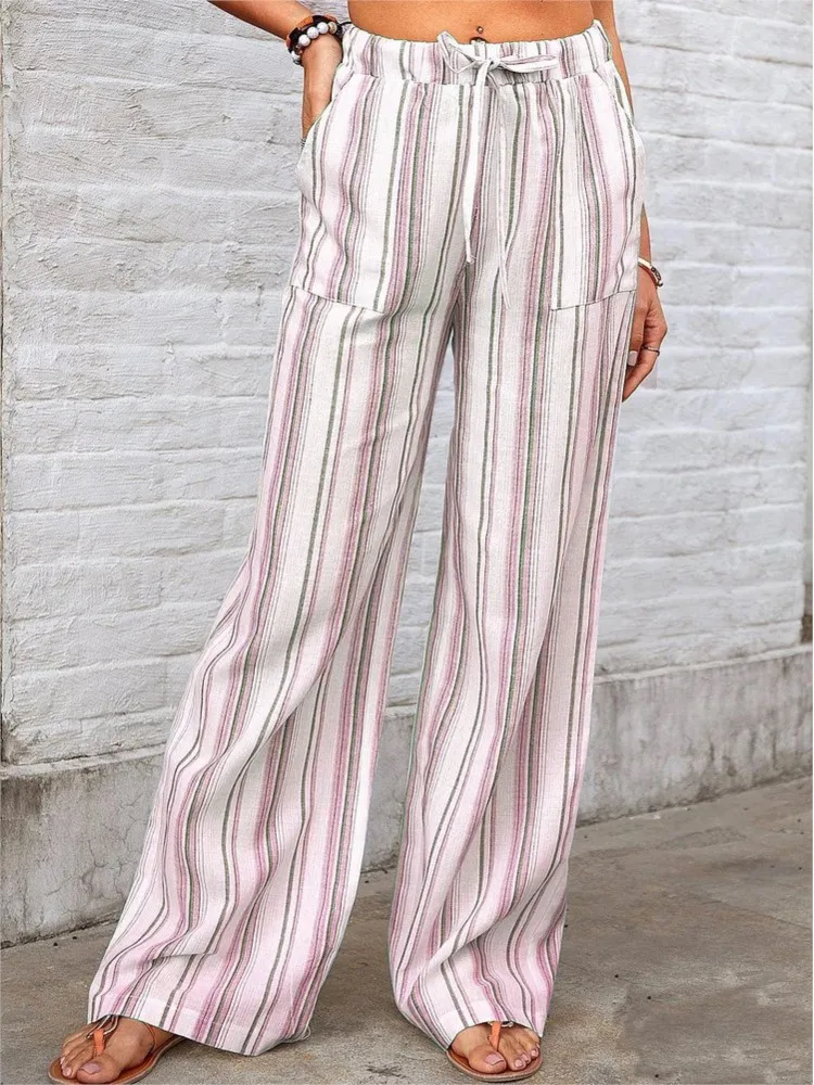 

Spring Autumn Woman's New Style Loose Striped Printed Casual Pant For Women Fashion Pockets Beach Wide Leg Pant Pants