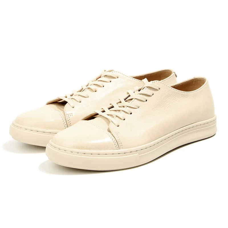 

College Student Beige Color Genuine Leather Lace Up White Shoes Slightly Dirty Old Design Easy Matching Loafers Young Men