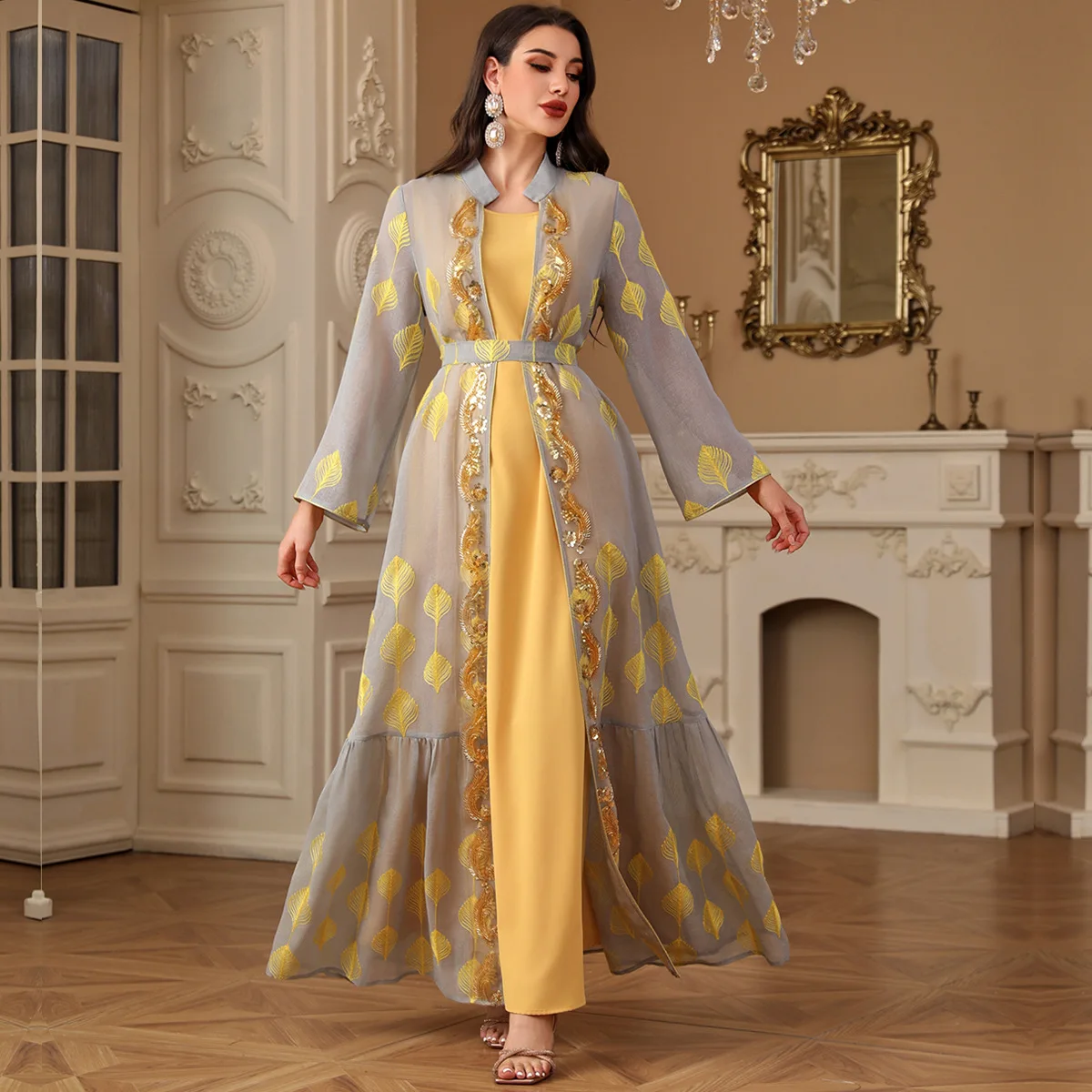 Eid มุสลิม Abayas สําหรับสตรี 2 ชิ้นชุดเย็บปักถักร้อยเสื้อสเวตเตอร์ถัก Robe Lace Up ชุดโมร็อกโก Kaftan อิสลาม Ramadan ดูไบชุด