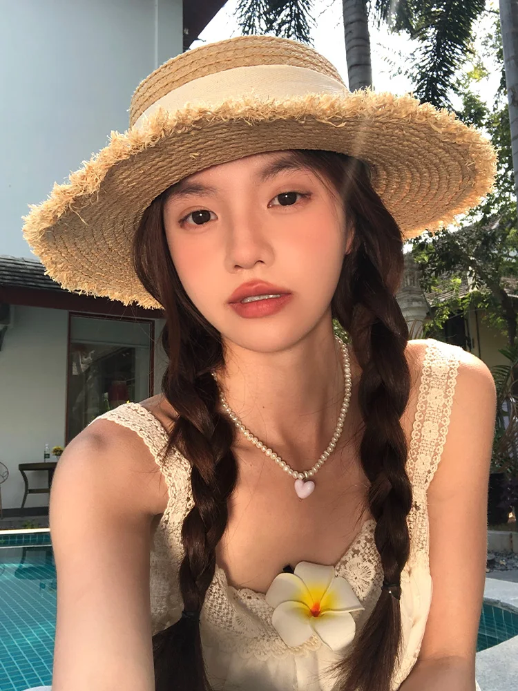Summer Vacation Beach  Knot Flat Top Straw Hat Women's Large Brim Sunshade Hat Sun Protection Hat Casual Style