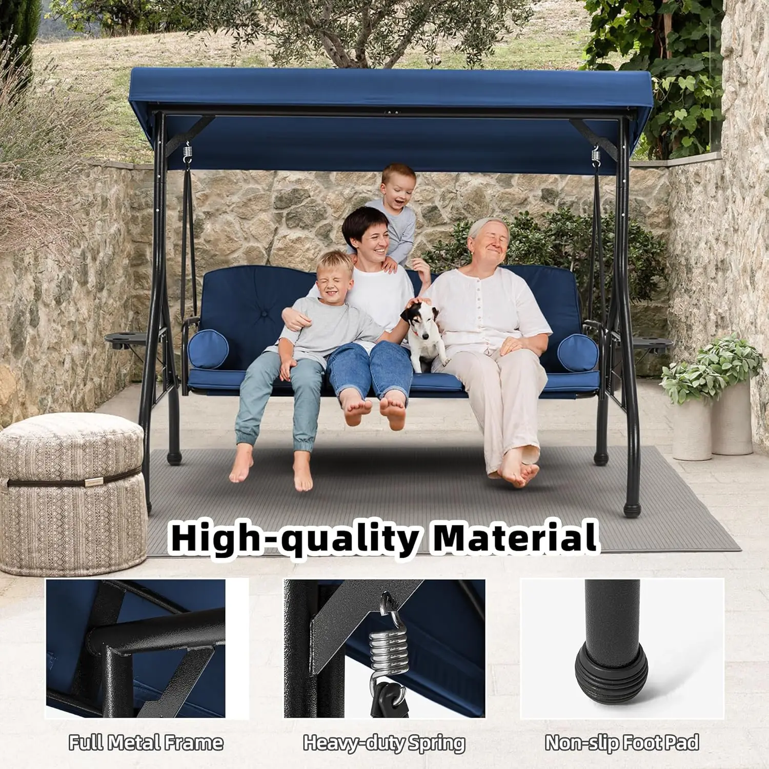 3 Seat Outdoor Porch Swing with Adjustable Canopy, Convertible Patio Swing Bed with Stand, Patio Glider Swing with Upgraded Cup