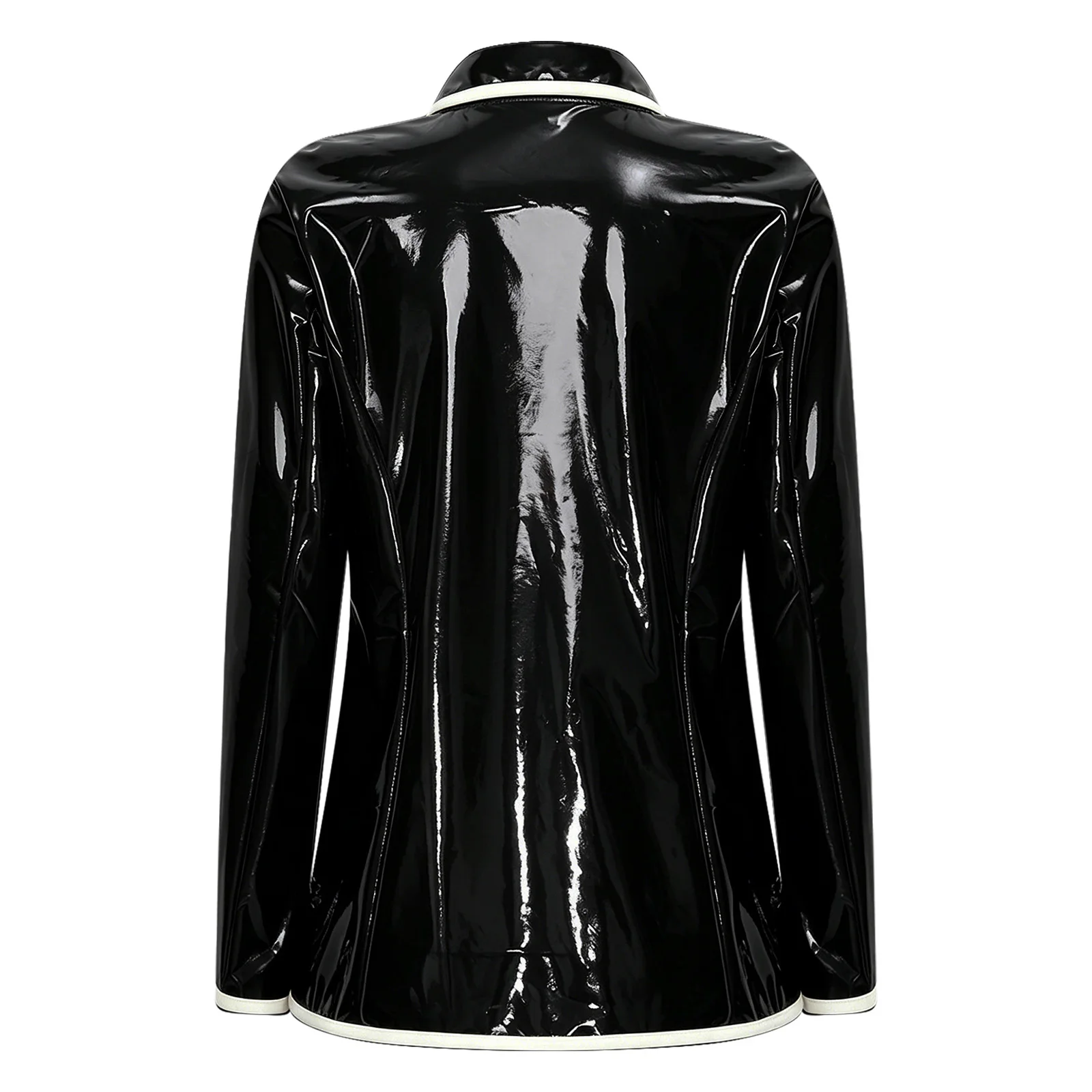 Women Wet Look PU Leather Jacket Tops White Edge Lapel Long Sleeve Outerwear Open Front Fashion Party Short Jacket Rave Clubwear
