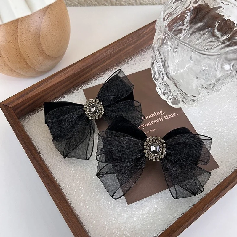 Spring and summer new mesh bow hairpin simple back head rhinestone spring clip side clip hair accessories  head accessories