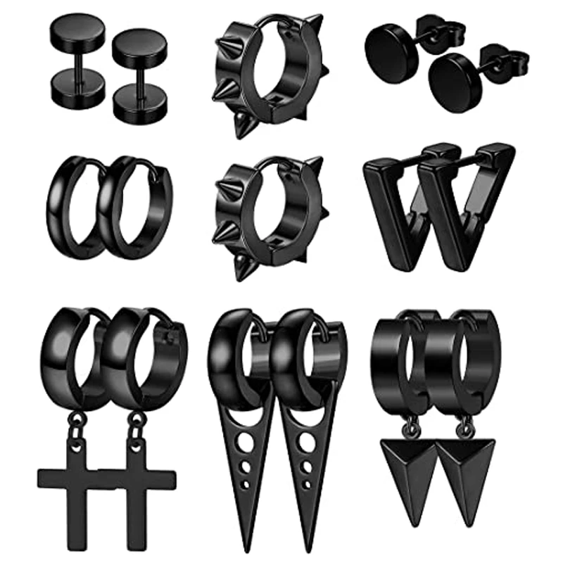 WKOUD 8 Pairs Stainless Steel Punk Stud Earrings For Men Women Popular Triangle Cross Rivet Earrings Hinged Pendant Ring Pierce