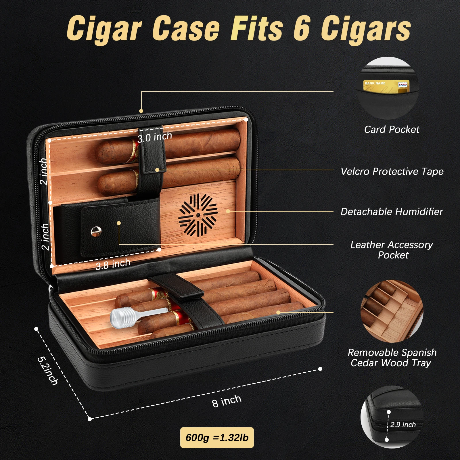 Cigar Humidor, Leather Cedar Wood Cigar Case with Cigar Lighter, V Cut Cigar Cutter,Cigar Holder 3 in 1 Travel Cigar Humidor Box