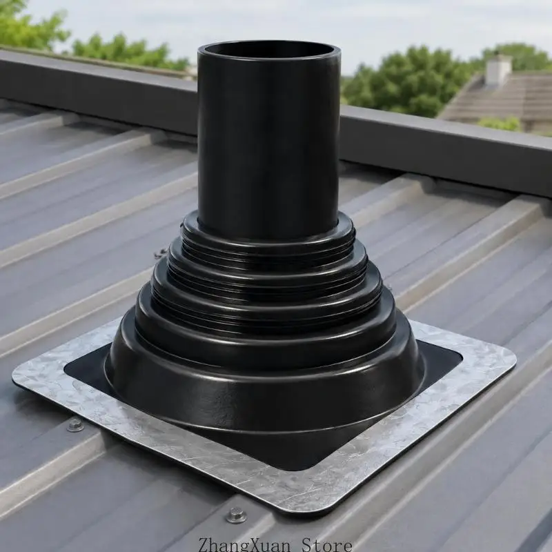 Abgasleitungs-Dacheinfassungsbaugruppe mit quadratischer Metallbasis und flexibler Stufenmanschette für Installationsarbeiten – Detail 4