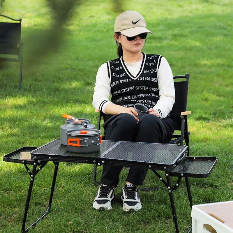 Outdoor adjustable portable table, double ear street vendor, camping picnic table, iron mesh leisure folding table