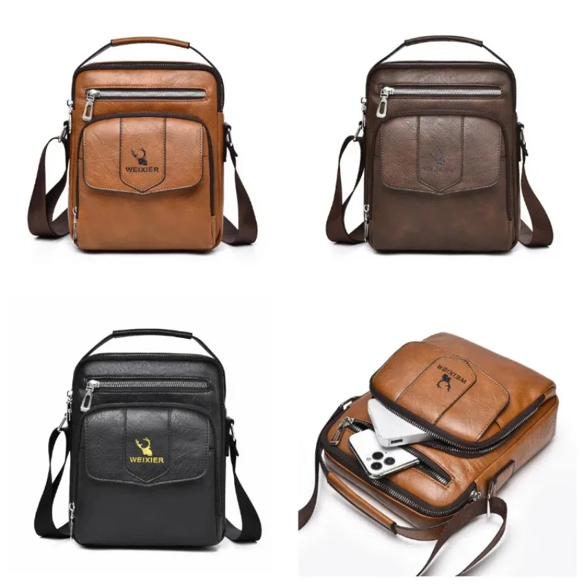 Men's Messenger Bag Waterproof PU Leather Crossbody Bag Casual Shoulder Bag Male Travel Satchel Student School Bags Large