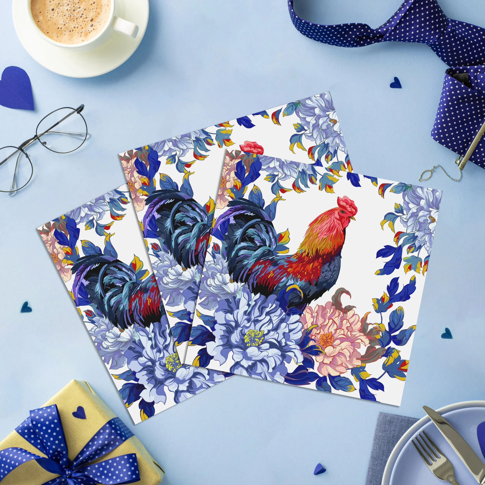 20-Pack 2-Ply Flower Rooster Pattern Square Paper Napkins, Disposable Party Napkins for Birthday, Bathroom Hand Towels