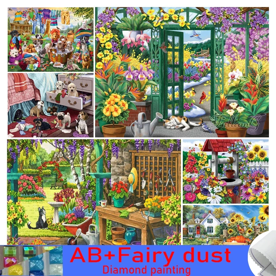 120 color AB Fairy Dust Diamond Painting Garden Cat Dog Diy Mosaic Embroidery Animal Flower Picture Cross Stitch Kits Home Decor