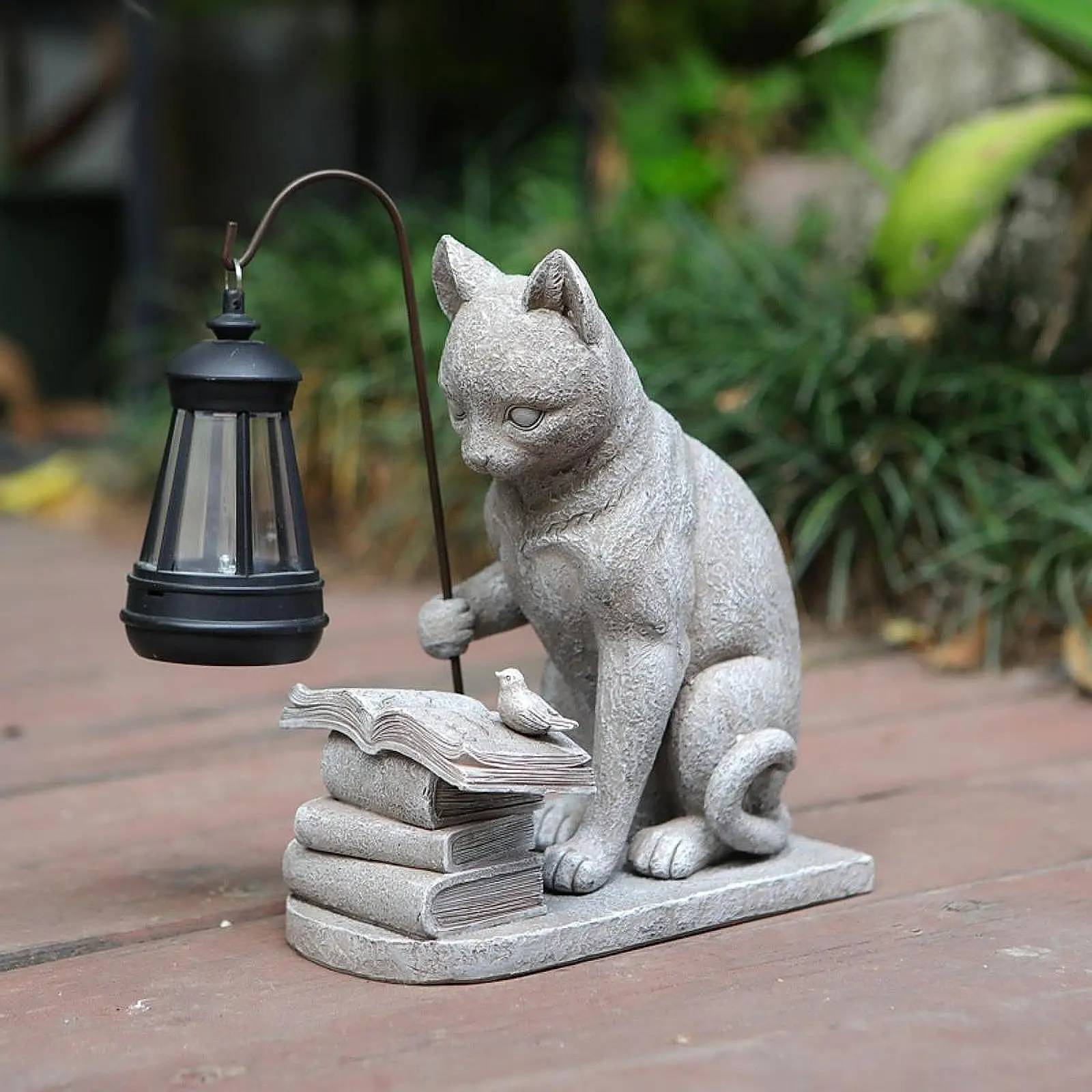 Cat Solar Garden Statue with Lantern Solar Light Sculpture for Fence Outside