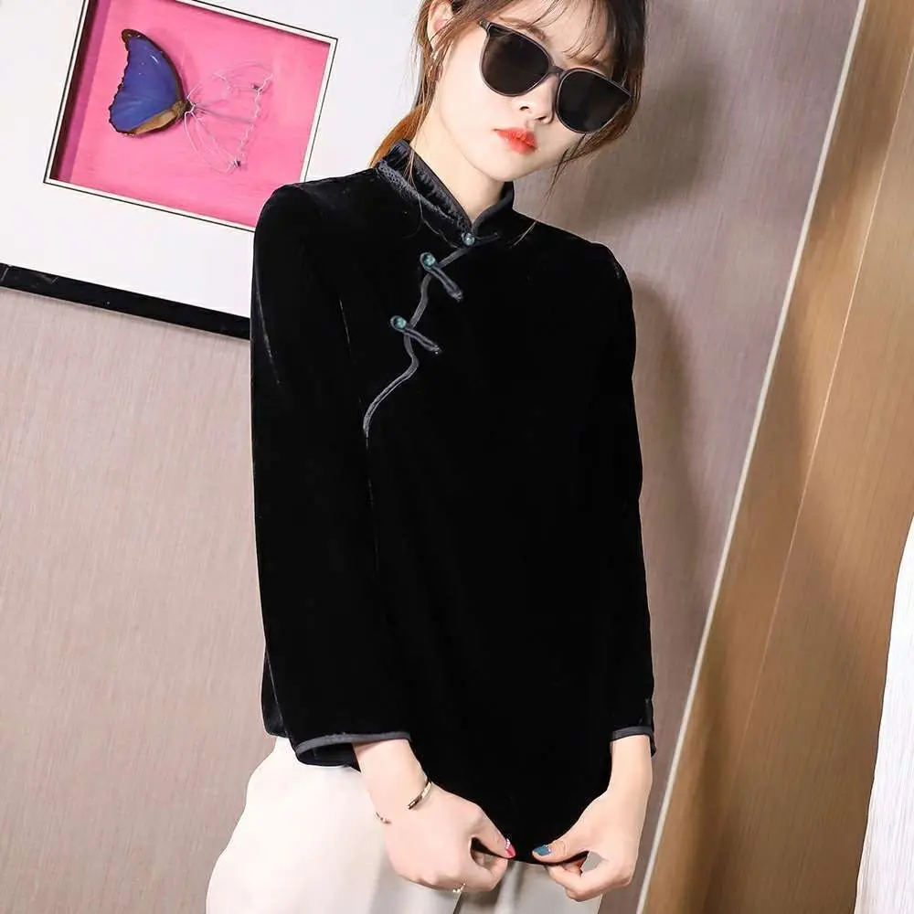 

Весеннее черное элегантное ретро-платье с длинными рукавами, свободное длинное платье с китайским воротником, современное улучшенное TT627