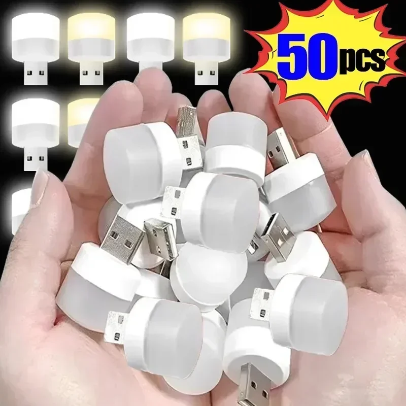 Mini LED Night Light, Lâmpada USB Plug, Carregamento do banco de potência, Luzes do livro, Leitura Redonda, Proteção para os olhos, 50-1pcs