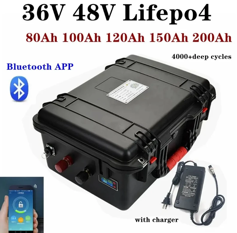 

waterproof 48V 100Ah 200Ah 36V 100AH 150Ah lifepo4 lithium battery bluetooth APP for 5000w golf cart Tricycle + 10A charger