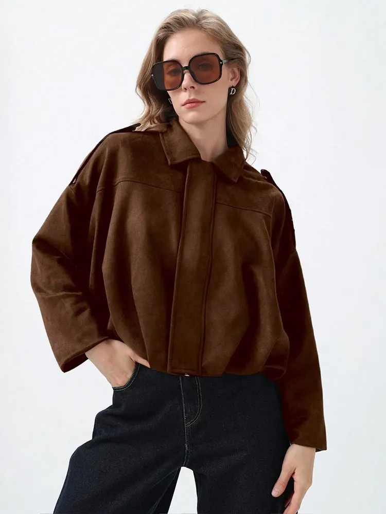 HH Women Vintage Solid Suede Coat Lapel Zipper Long Sleeve Bomber Jacket 2025 Autumn Female Casual Loose Maternity Outerwear