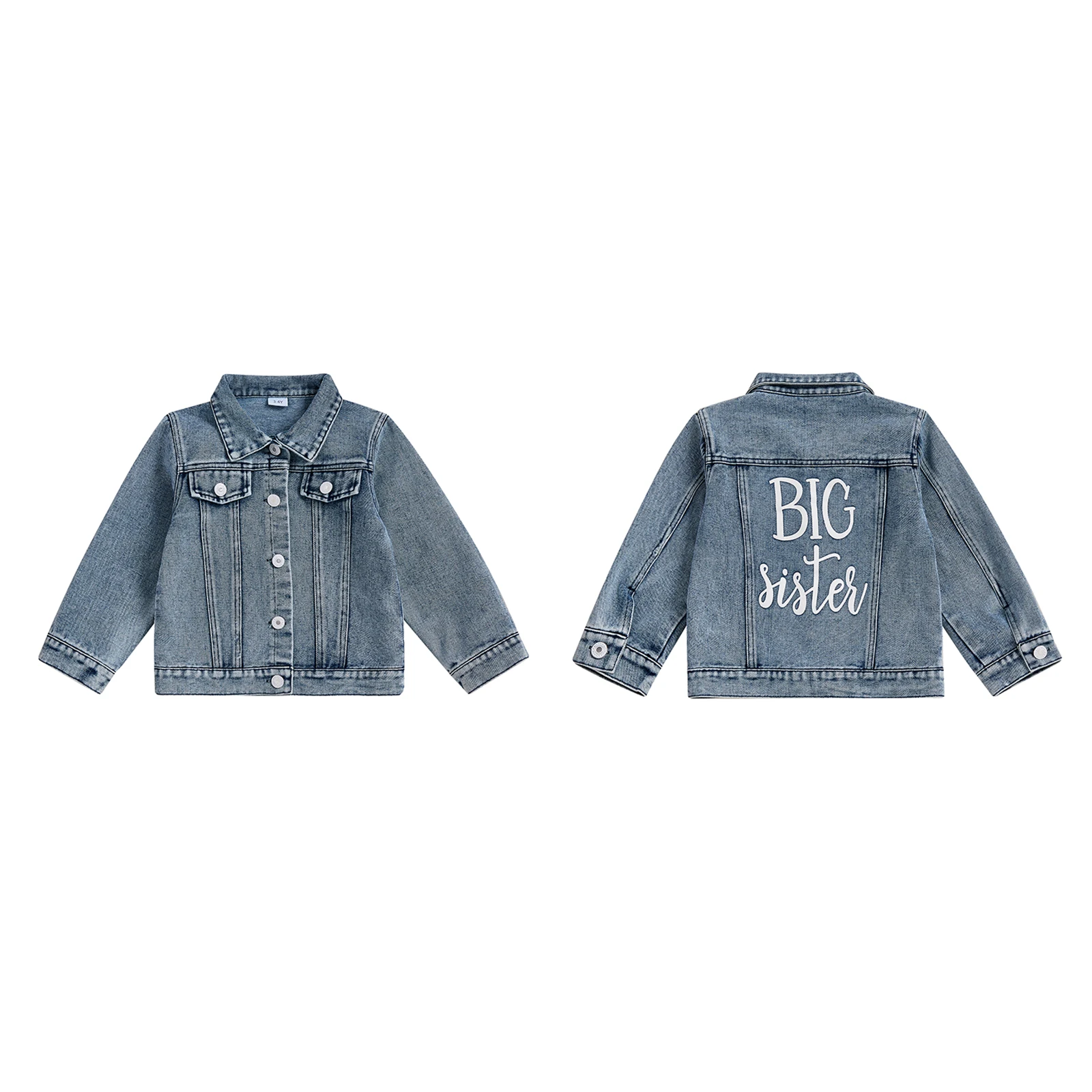 

Toddler Little Girl Denim Jacket Back Letter Print Collared Long Sleeve Button-up Jean Fall Tops