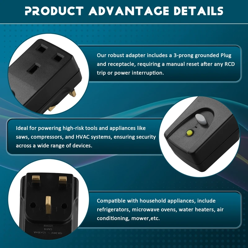 13A RCD Plug Safety RCD Adaptor,With Circuit Breaker Safety Protection For Pool Pump, Power Pressure Washer Uk Plug-A71M