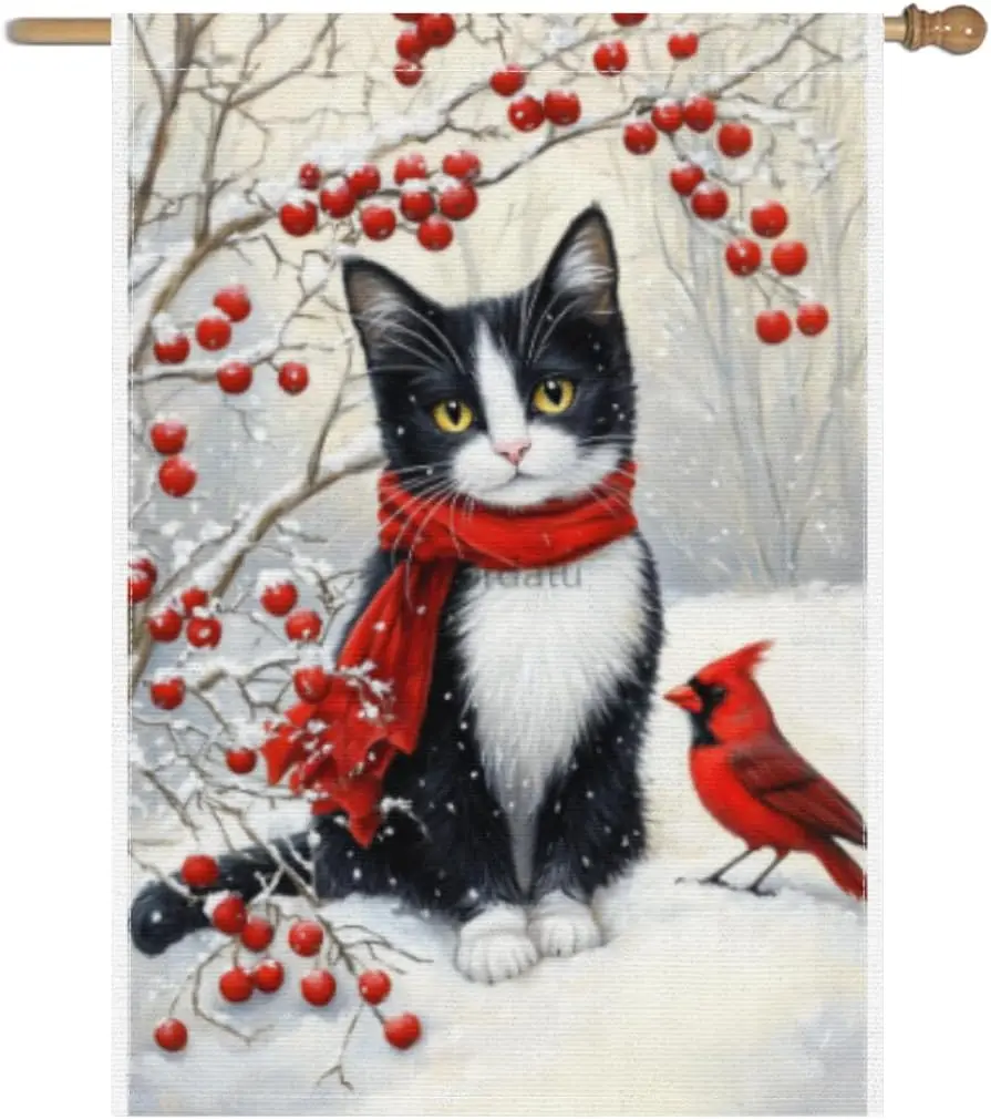 Hello Winter Garden Flag Tuxedo Cat with Scarf Snow Gifts Merry Christmas Holiday Decorations Vertical Double Sided For Outs PPM