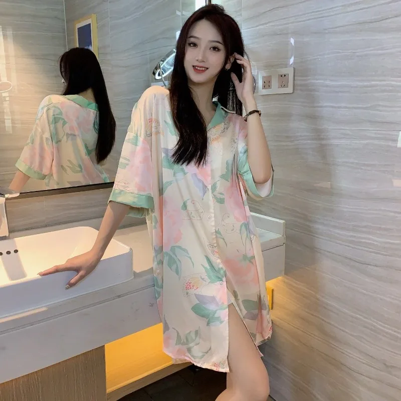 Ice Silk Nightdress Ms. Summertime Short Sleeve Thin Shirt Dress Sense of Advanced Loose Sweet Can Be Worn Outside Nightdress