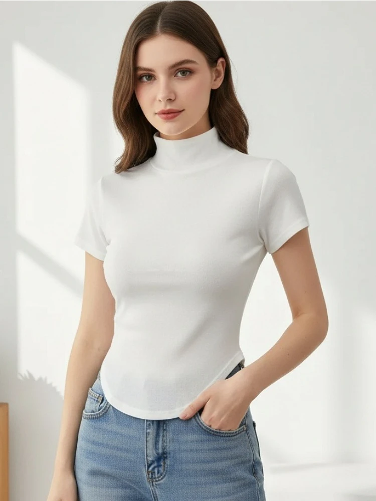 Damen T-Shirt Basic Casual 2026 Sommer T-Shirt O-Ausschnitt Damenkleidung Sexy Tiefer Ausschnitt Durchsichtig Weiches Schlankes Oberteil Tee Shirt Femme