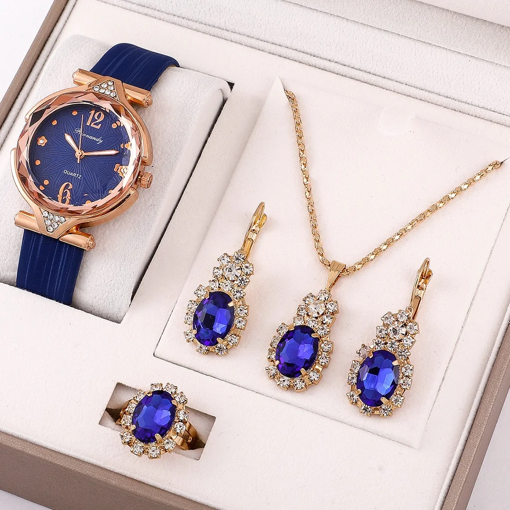 Women\'s Watch Luxury Fine Ladies WristWatch Present Set Necklace Female\'s Ring Earring Gift