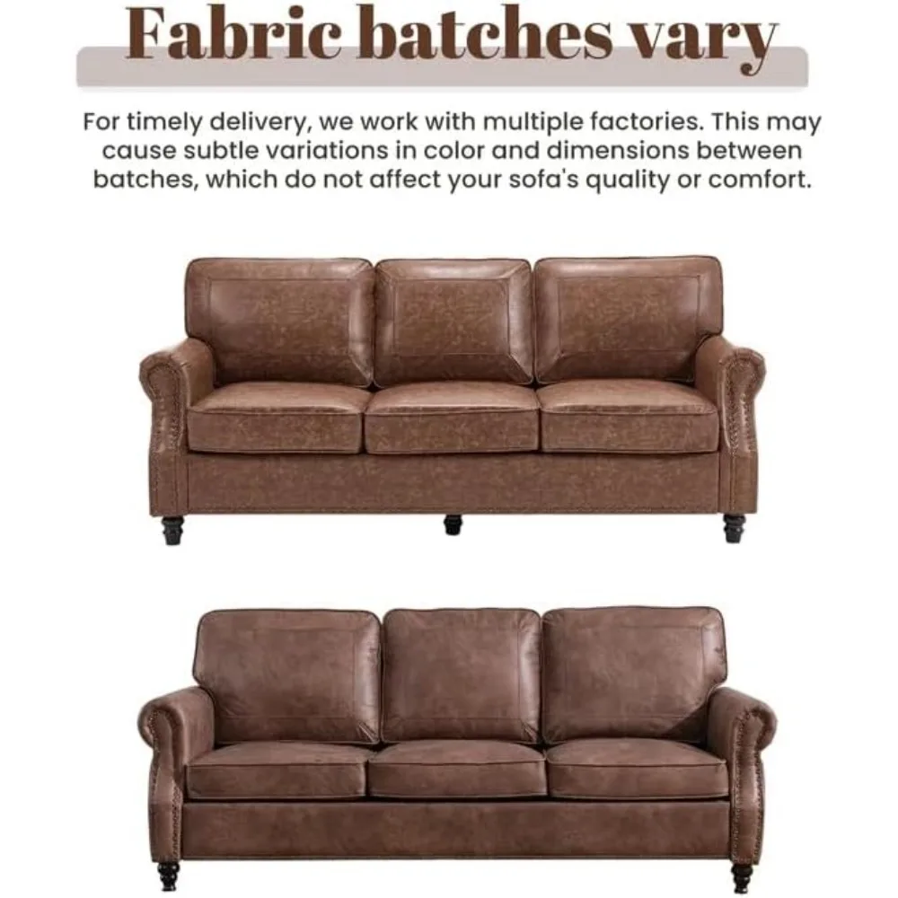 Mid Century Modern 79 Faux Leather Sofa for Living Room, Rolled Arm & Nailhead Trim