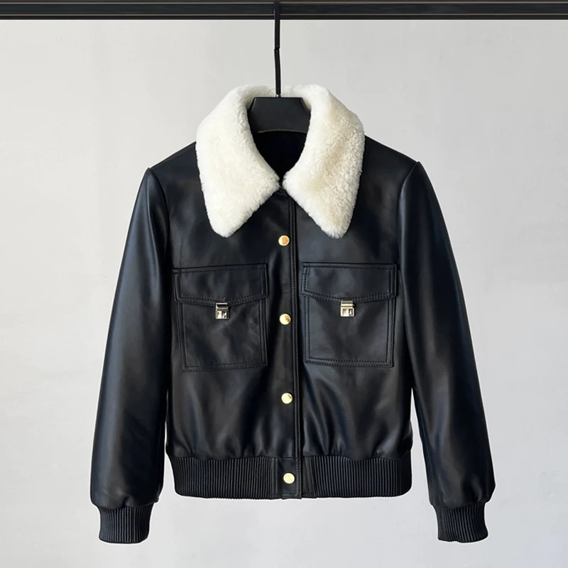 

Новинка 2025 года, женская куртка из натуральной кожи с подкладкой и утолщенной короткой овчиной, однобортная женская повседневная куртка с воротником из овечьей кожи