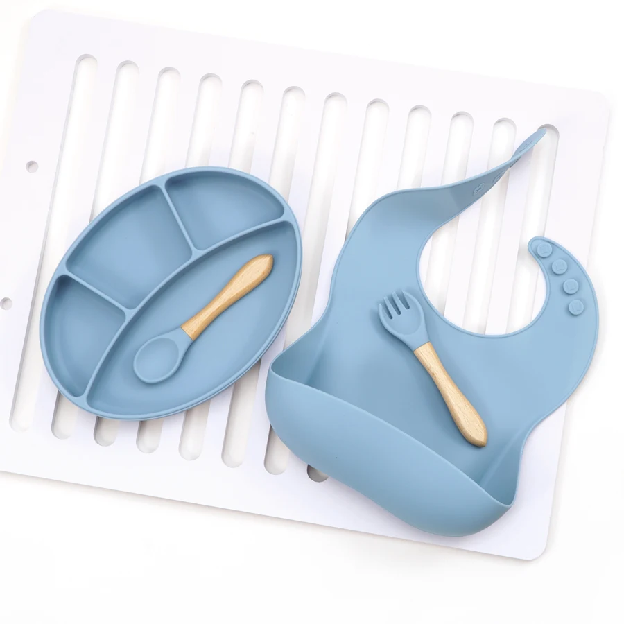 Dropshipping Silicone Children's Tableware BPA Free Feeding Solid Food Sucker Dishes Plate Waterproof Baby Bib Bowl Spoon Set