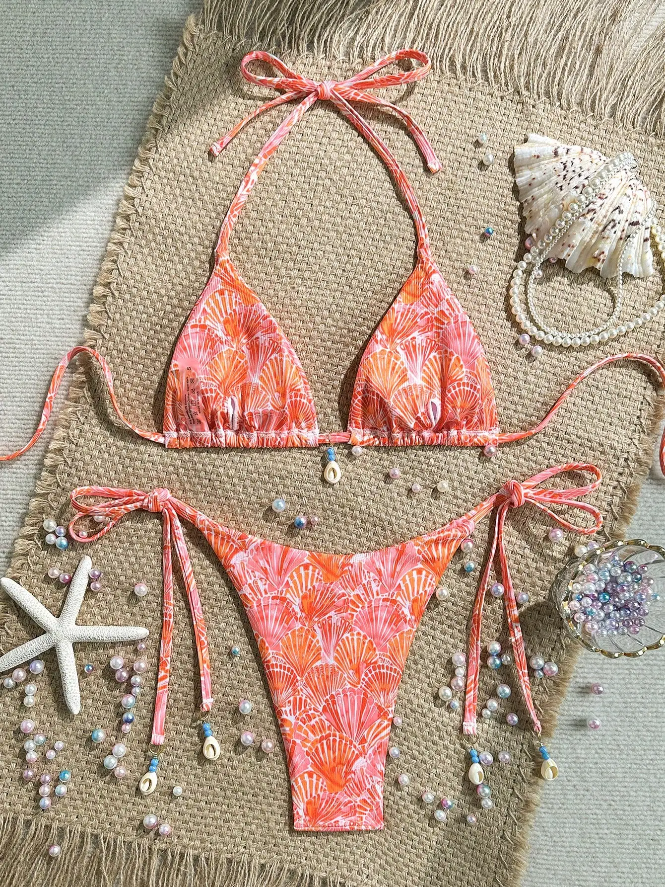 

Women 2 Piece Bikini Set Orange Shell Print Halter Top Side Tie Bottom Boho Beach Swimsuit