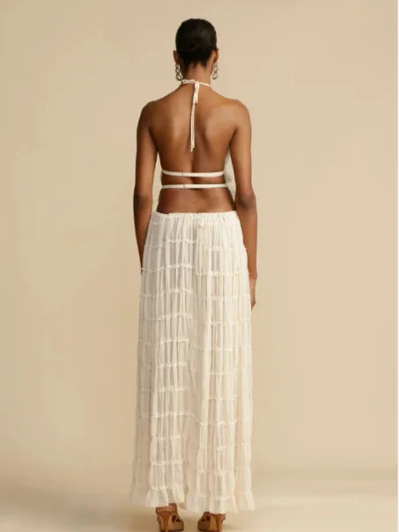 2024 summer new sexy halter top with exposed back and camisole, pleated lace vest, long skirt set image 6
