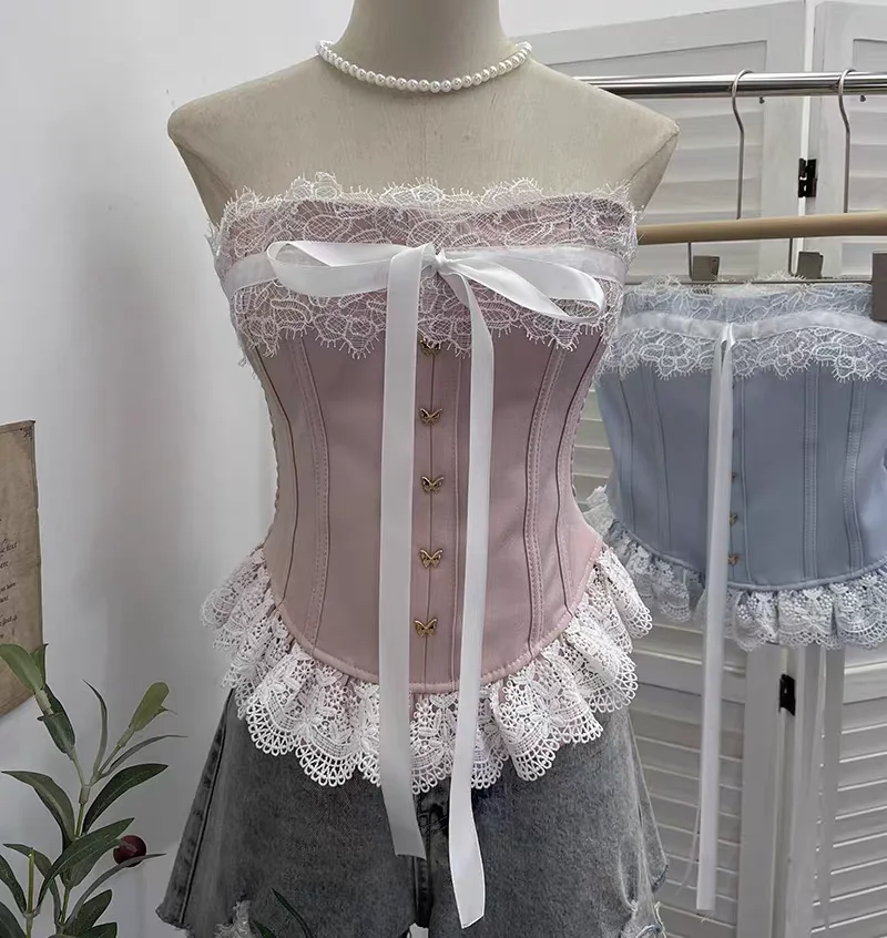 Y2K Heißes Spitzen-Bustier-Top für Damen, Schleifenverschluss Coquette Off-Shoulder Crop-Weste, Einzigartiges Nischen-Ästhetik Frühling Sommer Tube Top