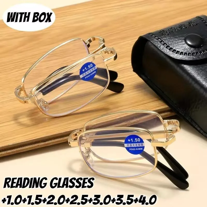 Unisex Portable Folding Anti Blue Light Blocking Reading Glasses with Box Full Frame Compact Eyeglasses for Men and Women
