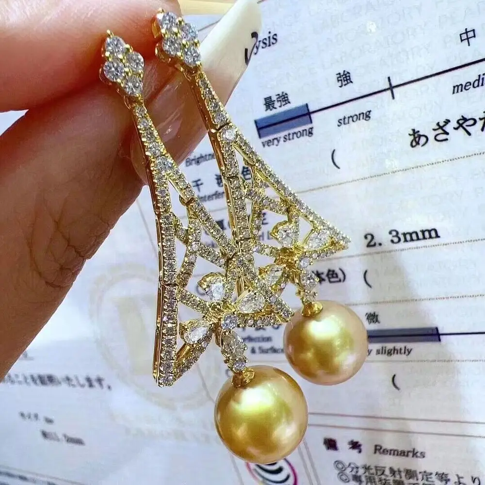 elegant 10-11mm south sea round gold color pearl dangle earring