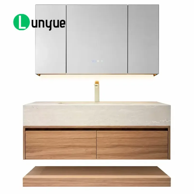 Medieval Style Cave Slate Hot Bending Integrated Wall Mounted Bathroom Sink Set With Waterproof LED Light Strip For Modern
