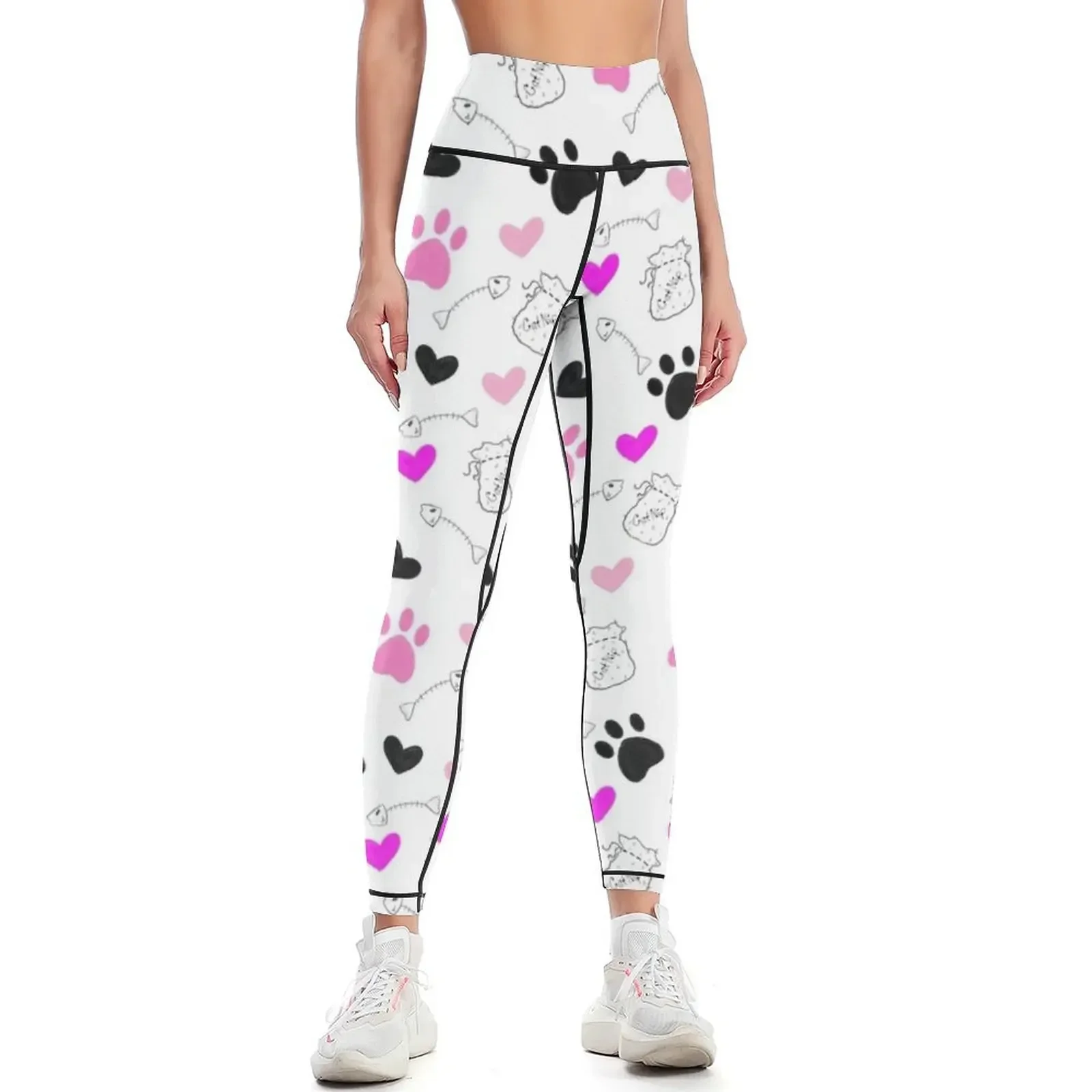 

Pink and White Cat design Leggings legging pants raises butt sports shirts gym Women sportwear workout shorts Womens Leggings