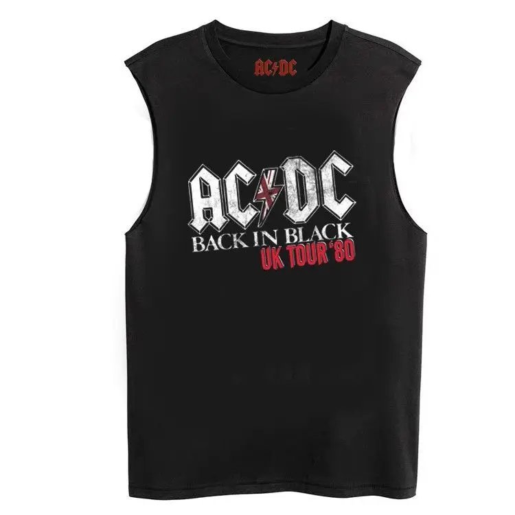 ACDC باند روك بلا أكمام تي شيرت الرجال فضفاض سترة بلا أكمام الشارع الأوروبية والأمريكية الثقيلة القطن الخالص سترة