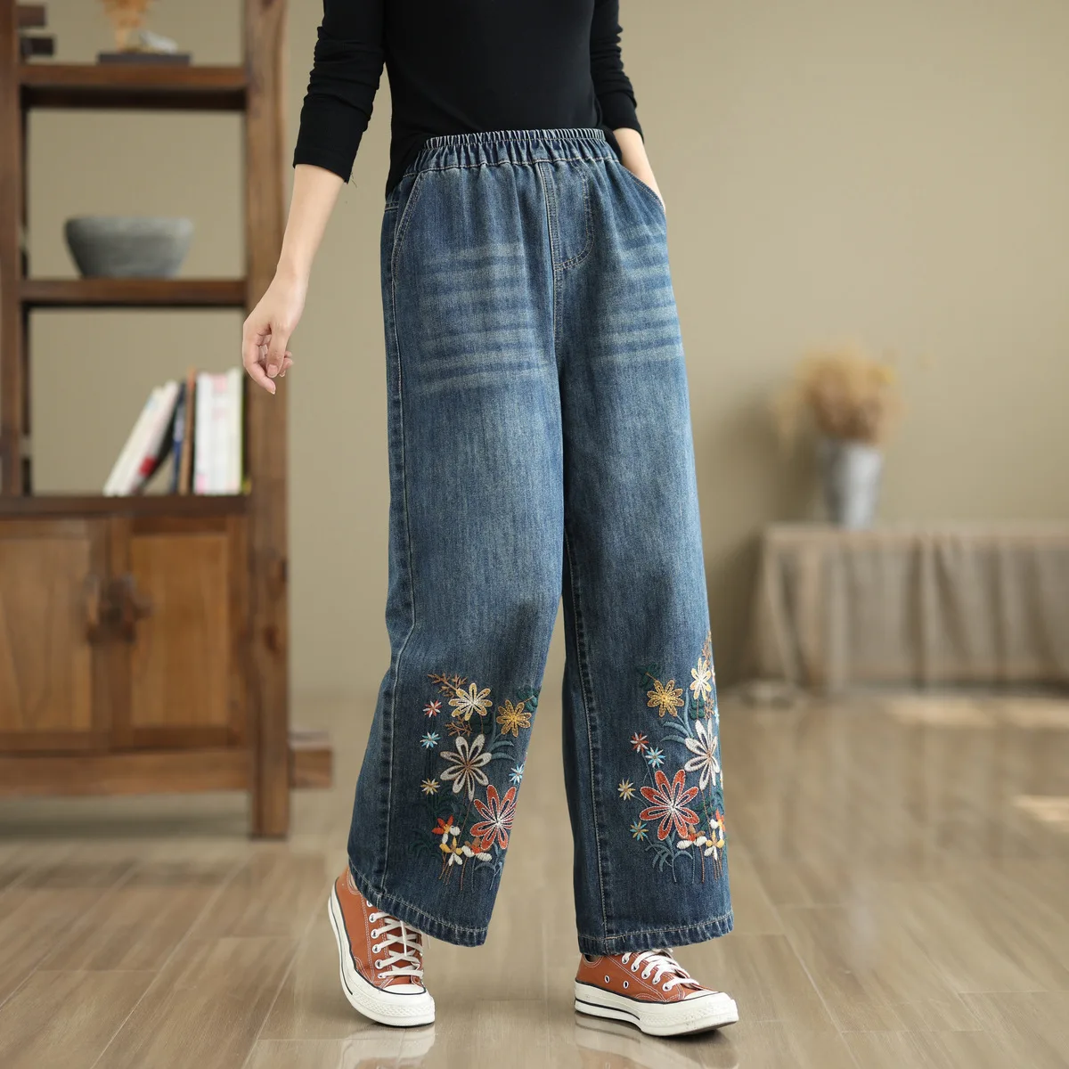 Aricaca Women Casual High Stretch Denim Pants Fashion Flower Embroidery Jeans Wide Leg Pants Women