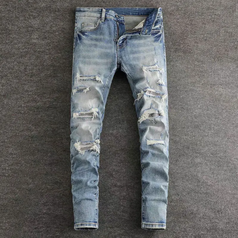 

Designer High Street Fashion Men's Retro Stretch Slimming Wash Blue Jeans Men's Splicing Hip Hop Brand Pants Hombre